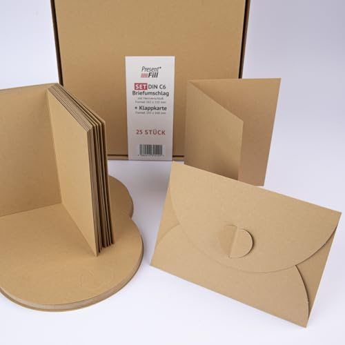 50er Set: Herzverschluss-Umschläge (C6) mit Klappkarten (A6) Natur Braun – Die edle Pocketfold Alternative – DIY Einladungskarten Set ohne Kleben – 100% Recycling Karton – Presentfill