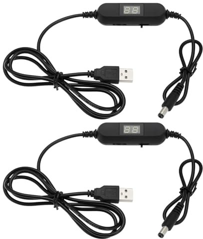 EMSea USB-Spannungskabel, verstellbar, 5 V auf 1,5 V, 3 V, 4,5 V, 6 V, 7,5 V, 9 V, 12 V, 5,5 x 2,1 mm, USB-Kabel, Stromkabel-Konverter mit LED-Dislpay für Spielzeugspiele, LED-Lampe, 2 Stück
