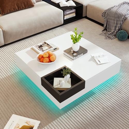 KAZZIO Mesa de centro, mesa de salón brillante, mesa auxiliar con caja de almacenamiento extraíble, 72 x 72 x 30 cm, con efecto de luz LED (negro y blanco)