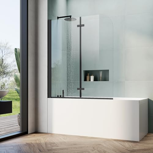 ELEGANT Bifold Bathtub Shower Door 47 W x 55 H, Frameless Tub Shower Glass Door, 1/4 Tempered Glass, Bathtub Glass Panel in Matte Black