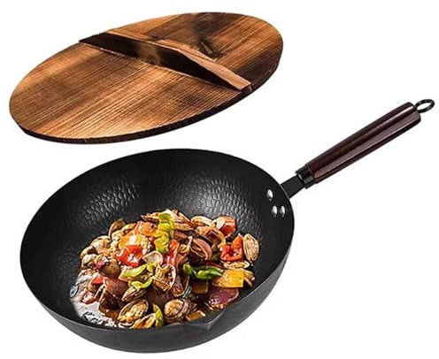 UGCER Poêle Wok 12,6 avec Couvercle, poêle à Frire à Fond Plat en Acier au Carbone, poêle Chinoise Wok Non revêtue pour Induction, gaz, halogène, Tous Feux