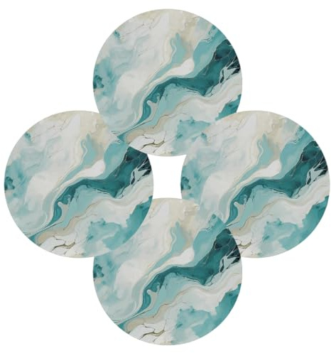 Teal Turquoise Marble Round Placemats Set of 4, Grey Art Marble Place Mats for Plates Dishes Non-Slip Washable Table Mats for Home Kitchen Dining Table