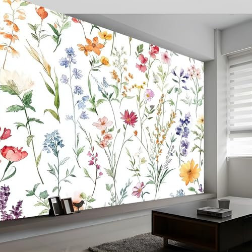 Fototapete 300 x 210 cm Zart Pflanzen Blumen Tapeten Vliestapete, Modern Wandtapete für Wohnzimmer Schlafzimmer TV Hintergrund Kinderzimmer Büro Wanddeko Motivtapeten Bunt