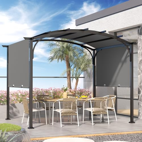 Gazebo, bigzzia Metal Pergola With Retractable Roof,Outdoor Parasol Features Water-Resistant And SPF 15 With PU Coated Canopy,Sun Shade For Garden Party Barbecue Event (Grey, 2.44x2.44M)