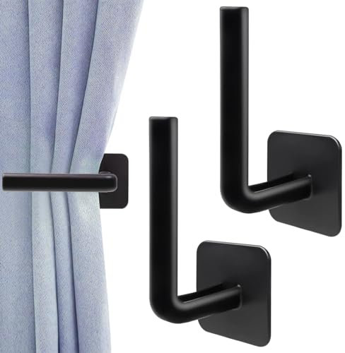 2 Pack Curtain Holdbacks, L Shaped Self Adhesive Curtain Tie Backs, No Drill Black Curtain Tie Backs Hooks, Wall Mounted Curtain Holder for Home Decor Living Room Bedroom