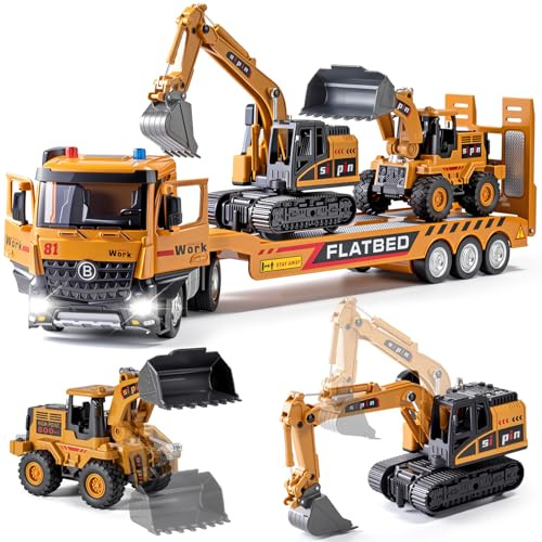 Kids Construction Toy Set Metal Cab, Semi Truck, Excavator, Bulldozer, Die-cast Engineering Construction Vehicles Truck Toys with Lights & Sounds, Ideal Gift for 3 4 5 6 7 Years Old Boys Toddlers