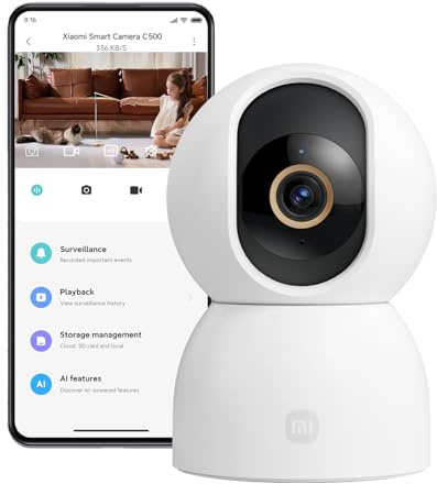 XIAOMI C500 Caméra de Surveillance Intérieure 3.5K UHD WiFi 2.4/5GHz, Suivi IA, Volet Optique, Vision 360°, Vision Nocturne Couleur, Audio Bidirectionnel, Compatible Alexa et Google