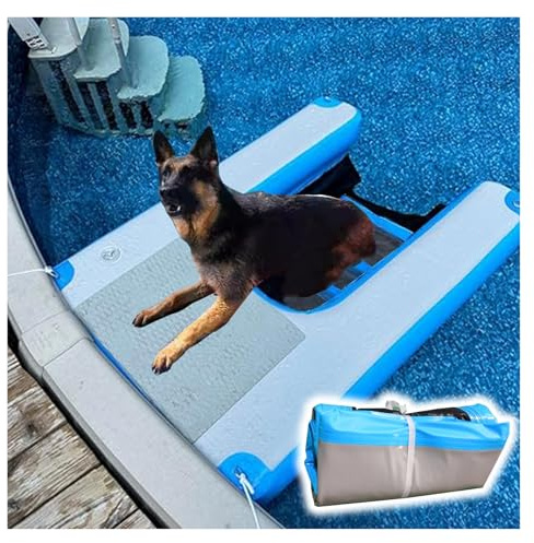 PEYNIR Hundebadeleiter Tragbare aufblasbare Hunderampe für den Pool, PVC, rutschfest, Kletterleiter für Haustiere, Schwimmplattform, mit Pumpe, für Steg, See, Boot, bis zu 60 kg(Blue)