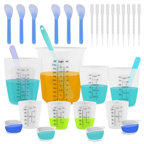 SWIGRANCE Silicone Resin Mixing 1L Measuring Cup Set for Resin Supplies, Easy-to-Read Marks, 1000ml/32oz Large Cup, 500&250&100ml Thickened Reusable Silicone Cups for Epoxy Mixing, Jewelry Making