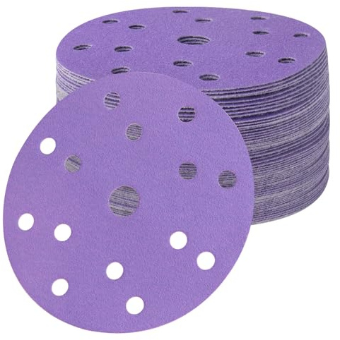 FASTPLUS Purple Ceramic Film Sandpaper 150mm Sanding Discs 15 Hole 40 Grit | 6 Inch Hook and Loop Wet Dry Abrasive Pads for Car Paint Wood Metal Grinding and Surface Polishing Applications 50 Pack