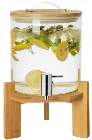 LYXXW Distributore Bevande in Vetro da 2 Galloni, Distributore Bevande con Coperchio e Supporto in Legno, Distributore Succhi Caldi e Freddi con Rubinetto, Barattolo tè Freddo per Ristoranti Bar,3L