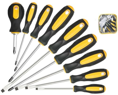 Lot de 9 tournevis magnétiques avec poignée antidérapante pour la maison, le garage et la réparation automobile | Outils cruciformes et à tête plate avec pointes magnétiques puissantes, construction