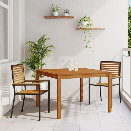 SKTQYQO 3-teiliges Gartenmöbel-Set mit rechteckigem Tisch und 2 stapelbaren Stühlen aus Akazienholz und schwarzem Eisen, langlebiges Outdoor-Möbel für Terrasse und Balkon, modernes Design