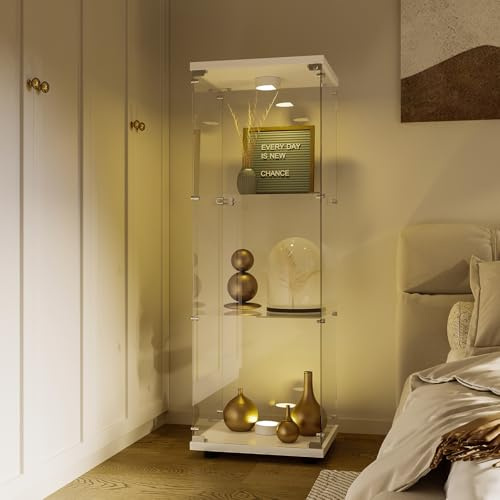 belupai Moderne Vitrine aus Glas, 3 Schichten mit 1 Tür, 42 x 36 x 125 cm, Sammlerschrank aus Glas, AVCE Schloss, Aufbewahrungsschrank, gehärtetes Sammlervitrine für Bücher, Spielzeug, Weiß
