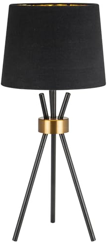 wilko Camden Tripod Table Lamp, Modern Black Metal Legs with Gold Ring Accent, Contemporary Dark Shade with Gold Interior
