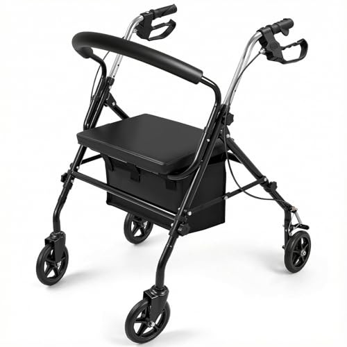 Fold Lightweight Rollator Aluminium Folding Walker with Adjustable Handles 6 Inch Wheels Loop Brakes Soft Seat and Storage Bag Indoor and Outdoor Mobility Aid for All Terrain (Black)