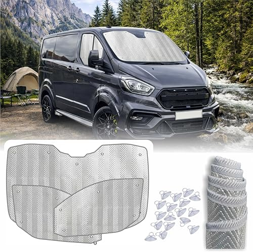MJS Ensemble de couvre-vitres thermiques intérieurs pour pare-brise et vitre latérale, compatibles avec Ford Transit Custom 2012-2023 (3 pièces) pour pare-brise et cabine de camping-car, pare-soleil