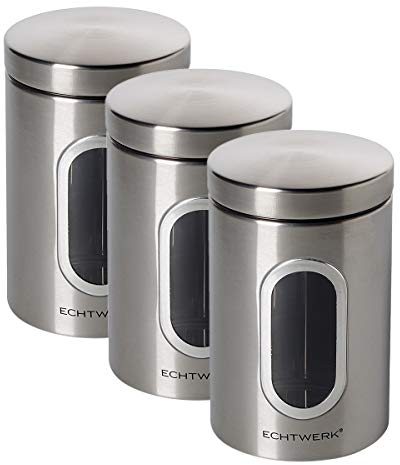 ECHTWERK Boîtes à provisions élégantes Set-Brushed 3, Pour la conservation de farine/sucre/céréales/thé, Boîte métallique avec couvercle hermétique et grande fenêtre, Iron, 3