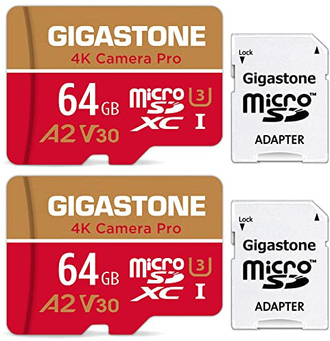 Gigastone - Tarjeta de Memoria de 64 GB, Juego de 2 Tarjetas, cámara 4K Pro, Compatible con GoPro Switch, Velocidad 95 MB/s. A2 U3 V30 - Tarjeta Micro SDXC con Adaptador SD.