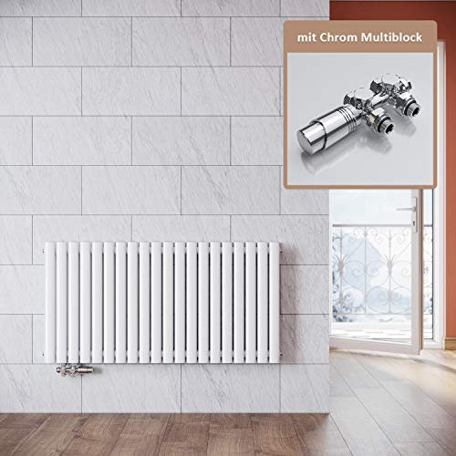 ELEGANT Heizkörper Modern Weiß 600x1180mm mit Chrom Multiblock Thermostat Design Heizkörper Horizontal Doppellagig Röhrenheizkörper Mittelanschluss
