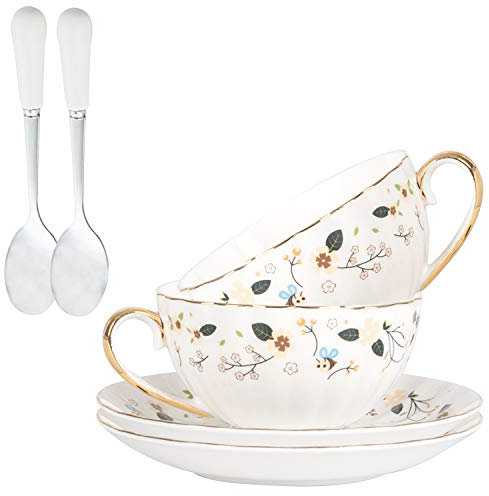 A-SZCXTOP Porcelain Tea Cups Set of 2,Ceramic Coffee Cup (225 ml) with Saucers Spoon Gift Box,European Couple Bone China Tea Set (White+Applique)