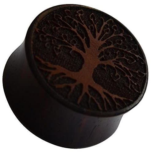 CHICNET Damen Herren Flesh Plug Tunnel Dehner Expander aus Sonoholz Holz in braun dunkelbraun, Baum des Lebens Gravur, double flared, 8mm-20mm, Weltenbaum Yggdrasil Tree of Life Lebensbaum 16 mm