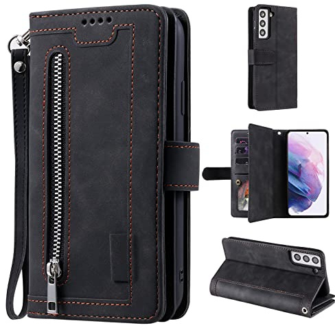 UEEBAI Coque pour Samsung Galaxy S22 Plus 5G, Etui en Cuir PU Portefeuille Rétro Antichoc Flip Case Anti-Choc Housse avec Fentes de Cartes Fonction Support, Fermeture Magnétique - Noir