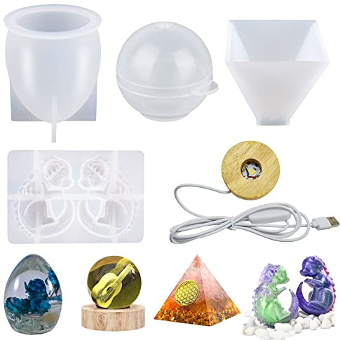 Yayatty 5 PCS Resin Egg Molds, 3D Dragon Egg Resin Mold Silicone, Pyramid Silicone Resin Mold, Sphere Jewelry Making Craft Mold with Lamp Base for DIY Craft Ornament and Home Decoration