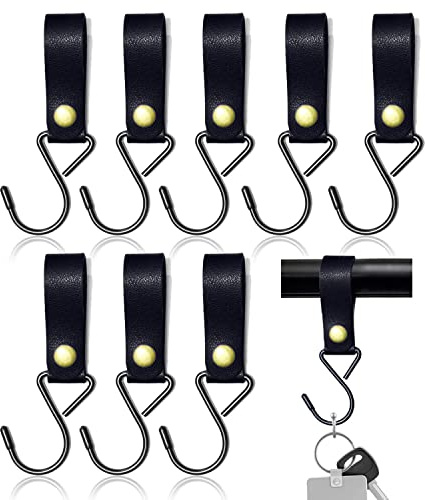 Modixun Lot de 8 crochets en S en cuir - Crochets en métal en forme de S pour accrocher, camping, poussette, crochets en cuir pour manteau, serviette, cuisine, salle de bain, noir
