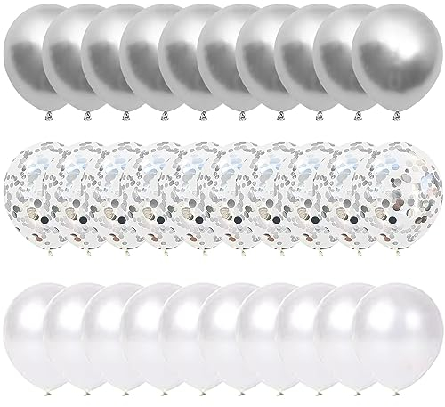 Set di 60 palloncini bianchi e argento da 30 cm, 20 palloncini metallizzati, 20 palloncini con coriandoli argentati, 20 palloncini lattice bianco a elio