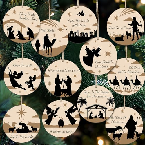 Chunful Christmas Nativity Ornaments Wooden Christmas Tree Ornaments Nativity Scene Christmas Decorations Christian Ornament Nativity Sets for Christmas Tree Xmas Ornaments(Vibrant Style,48 Pieces)