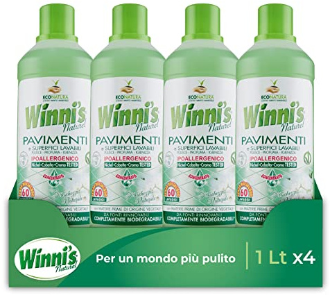 Winni's - Detergente para suelos y superficies hipoalergénico, 160 lavados, fórmula concentrada de acción higienizante, sin aclarado, con materias primas de origen vegetal, 1000 ml x 4 paquetes
