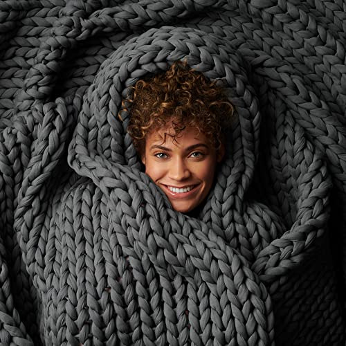 Bearaby Cotton Hand-Knit Weighted Blankets for Adults - Chunky Knit Blanket - Sustainable, Breathable, Organic, Cooling Weighted Blanket - Machine Washable (Asteroid Grey, 15 lbs, 40x72)