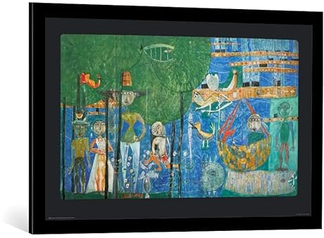 kunst für alle Bild mit Bilder-Rahmen: Friedensreich Hundertwasser Paradies - Land der Menschen Vögel und Schiffe - dekorativer Kunstdruck, hochwertig gerahmt, 90x56 cm, Schwarz matt