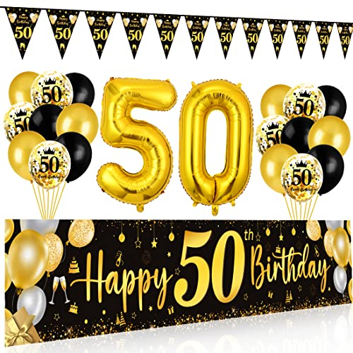 50 Geburtstag Deko Mann Frau, 50 Happy Birthday Banner Schwarz Gold, Luftballons 50 Geburtstag Wimpel Girlande, Deko 50. Geburtstags Hintergrund Ballons Schwarz Gold für Männer Frauen Party Deko