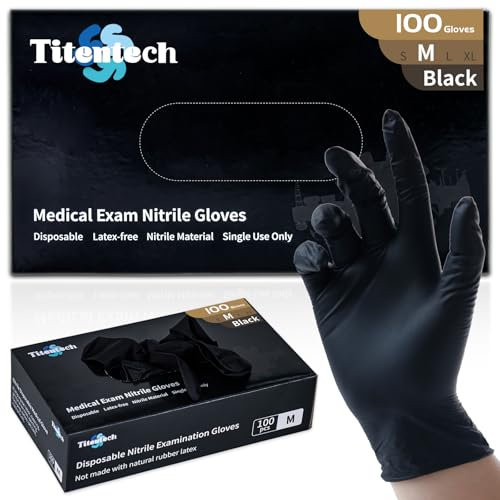 Titentech Disposable Nitrile Examination Gloves Black Cleaning Glove for Health Care Food Prep Cooking 3mil 100pcs/Box, Medium, Salon Work, Tattoos