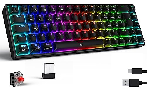 TECURS Wireless Gaming Keyboard Mechanical RGB UK Layout TKL 65% Rollover Anti-ghosting Bluetooth / 2.4G Keyboard Red Switch for PC Gamer/iPad/ PS4/Android, Black