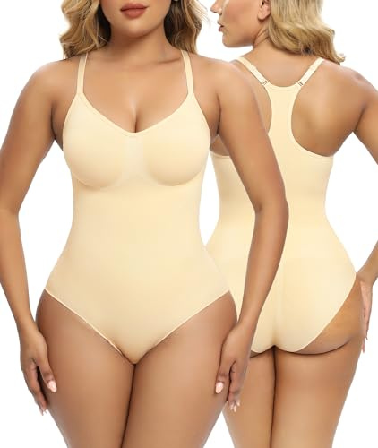 SHAPERX Body Reductor Mujer Bodies Moldeadores Bodysuit Shapewear Control de Abdomen Racerback lnvisible Posparto, UK-SZ5305-Beige-L/XL