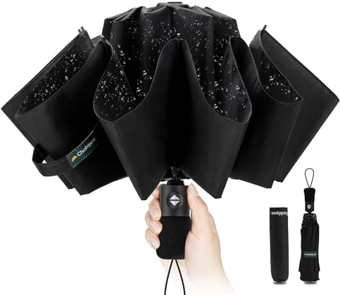Kompakter Reise Regenschirm Groß Sturmfest – Automatik Taschenschirm für Regen, Umgekehrter Faltschirm für Herren und Damen, 210T Teflon-Beschichtung 105 cm Spannweite 10 Rippen Schirm Schwarz