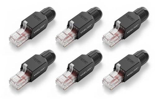 VCELINK Cat6 Conector RJ45 sin Herramientas Reutilizable, 1000 Mbps /250 MHz, UTP Clavija RJ45 Chapado en Oro, Compatible con Router, Switch, Módem, Ordenador, Negro, 6 Unidades