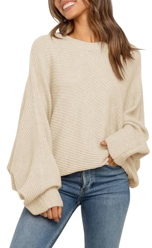 Fessceruna Damen Pullover Oversize Fledermausärmel Strickpullover | Winter,Rundhals,Pulli Geripptes,Sweatshirt,Einfarbig,Obertiele,longpullover,Sweater