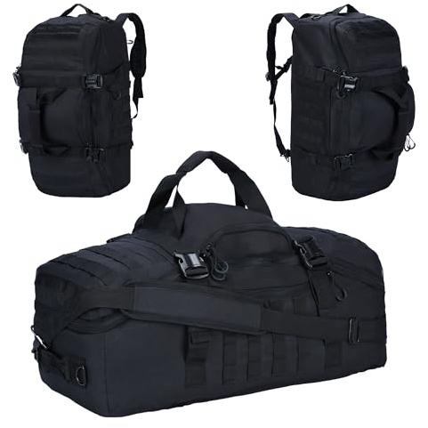 3-in-1 Taktischer Turnbeutel, Reisetasche, Sporttasche für Übernachtung, Schwarz, 80L, Seesack | Funktioniert als Tasche oder Motorrad-Rucksack, ideal für Fitnessstudio, Reisen, Camping, Jagd und Ausrüstung