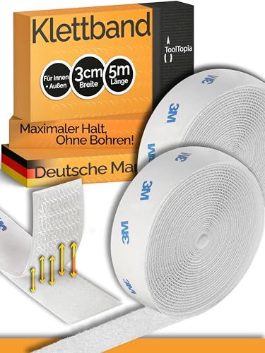 ToolTopia Nastro in velcro autoadesivo extra forte per esterni e interni (adesivo di marca 3M), 30 mm x 5 m, bianco, velcro, qualità artigianale