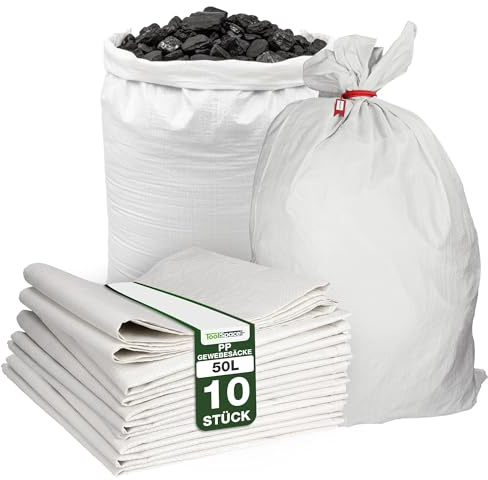 ToolSpace Sac à Gravats PP Tissé, 65×105 cm en Polypropylène 10x Sac Chantier pour Gravier Sable Feuilles Déchets de Construction Jardin - Réutilisable - Résistant 50 kg Sacs a Gravats Toile Tissée
