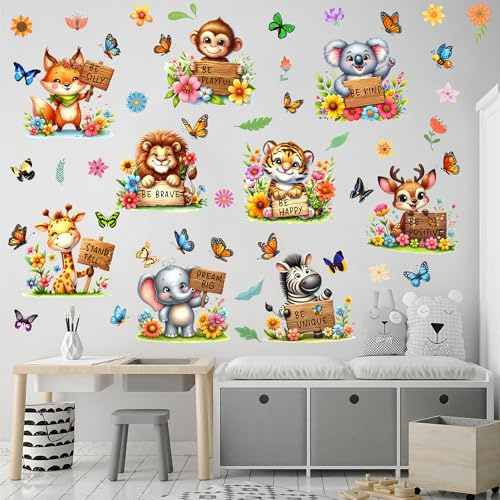 Jungle Animal Wall Stickers with Inspirational Quote, Watercolor Safari Animal Wall Decals Peel and Stick Removable for Boys Girls Kids Baby Nursery Bedroom Living Room Playroom Classroom Home Decor