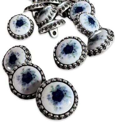 6 Stück Dirndl Trachtenknöpfe rosa oder blau Rose Motiv auf weißem Kunststoff Inlay silber matt Metallknöpfe 15mm (blau)