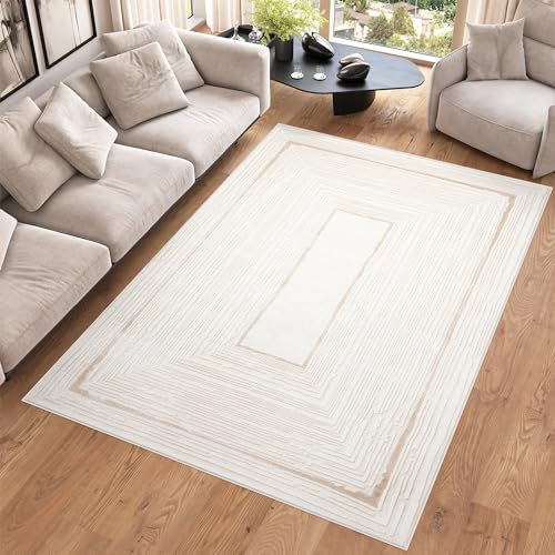 TAPISO Hera Teppich Kurzflor Weiß Beige Glänzend Elegant Glanzeffekt Wohnzimmer Schlafzimmer Esszimmer Modern Design Kurzflorteppich ÖKO-TEX 200 x 300 cm