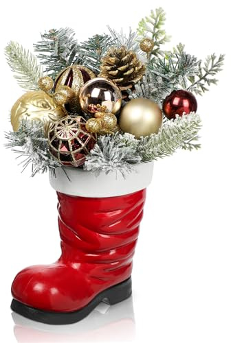 Arborus Weihnachten Tischdeko 36 cm Künstliche Pflanzen Künstliche Tannenzweige im Nikolausstiefel Kunstpflanzen für Weihnachten Deko Kunstpflanze mit Weihnachtskugeln für Weihnachtsdeko
