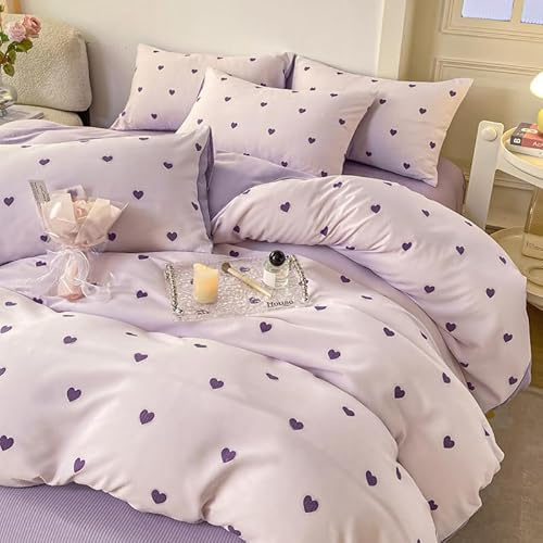 Nyescasa Bettwäsche 135x200 Violett Herzen mit Kissenbezug 80x80cm | Bettwäsche-Set Mädchen Herzmuster Wendebettwäsche Kinder Weiche Mikrofaser Bettbezug