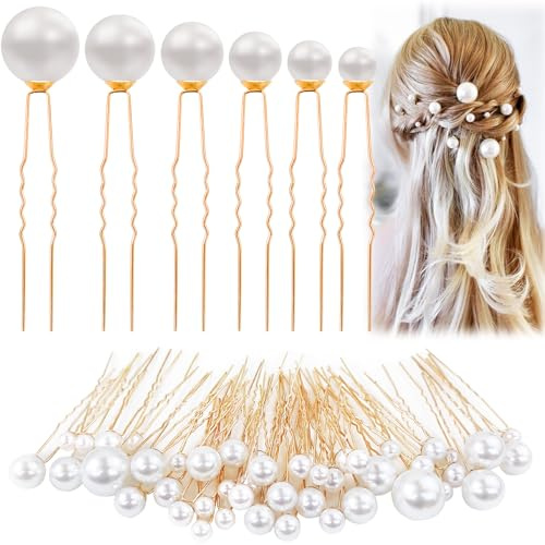 Hengxinc 50 Piezas Horquillas Pelo Mujer de Novia, Horquillas para Novia para Mujeres Bodas Niñas Dorado, Horquillas para el Cabello con Perlas en Forma de U, para Novias, Niñas y Mujeres.